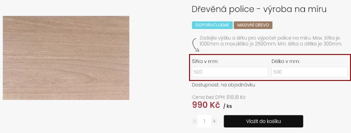 parametre produktu - výpočet ceny produktu vzorcem