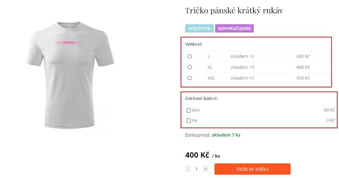 parametry produktu - standardní parametr s rozdílnou cenou tabulka